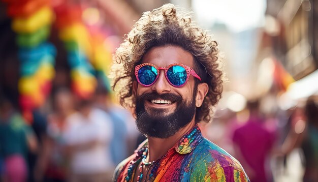 Hombre con gafas de sol y camisa brillante concepto de carnaval