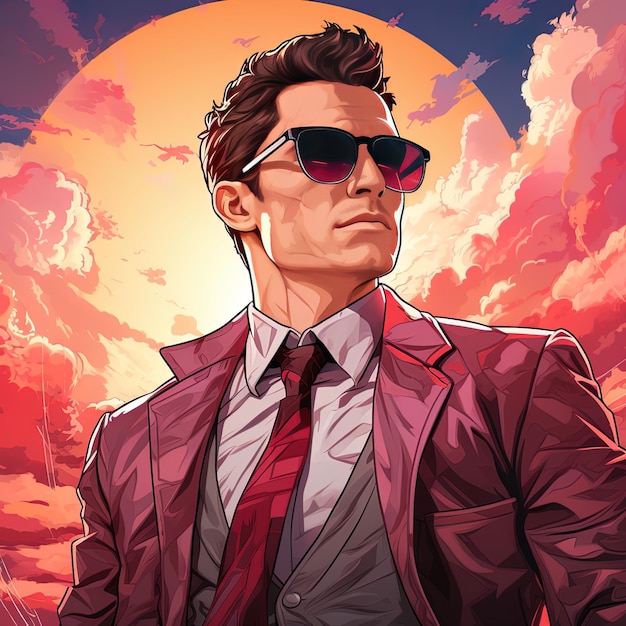 un hombre con gafas de sol y una camisa con gafas del sol y un fondo rojo