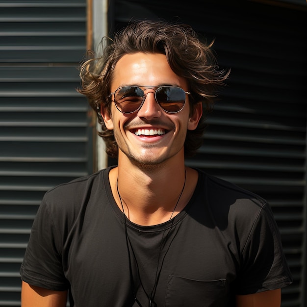 Foto un hombre con gafas de sol y una camisa negra con una sonrisa en el rostro.