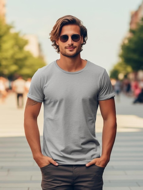 un hombre con gafas de sol y camiseta se encuentra en una acera.