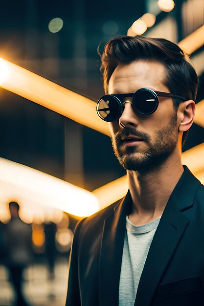 Un hombre con gafas de sol y una camiseta que dice 'la marca está en el frente. '