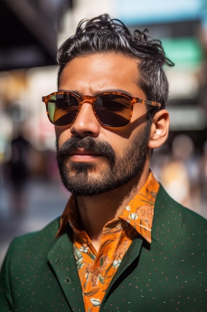 Un hombre con gafas de sol y una camiseta verde con la palabra gafas de sol.