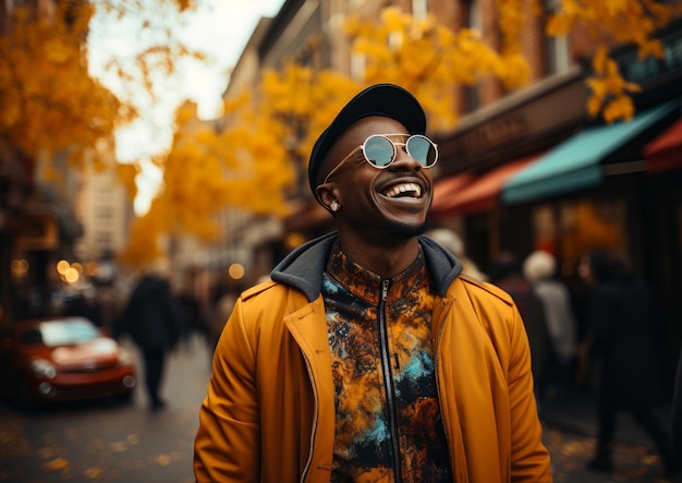 Un hombre con gafas de sol y una chaqueta amarilla