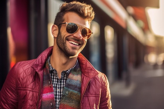 Un hombre con gafas de sol y una chaqueta a cuadros sonríe.