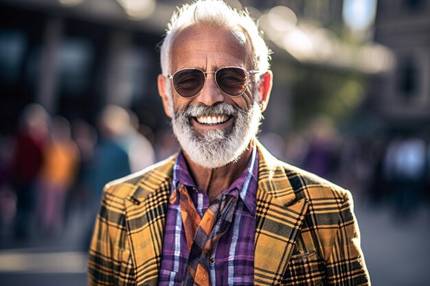 Un hombre con gafas de sol y una chaqueta a cuadros sonríe.