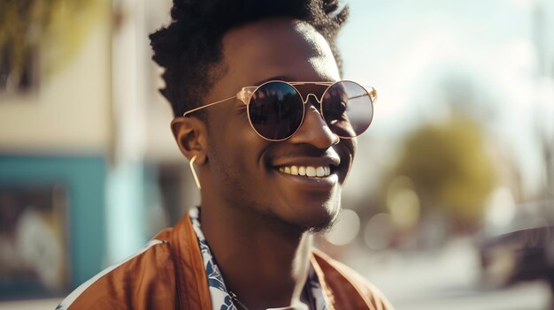 Un hombre con gafas de sol y una chaqueta marrón sonríe a la cámara.