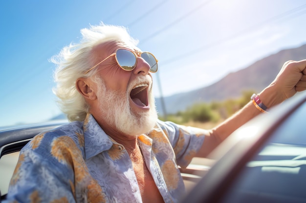 Un hombre con gafas de sol conduce un automóvil y se ríe.