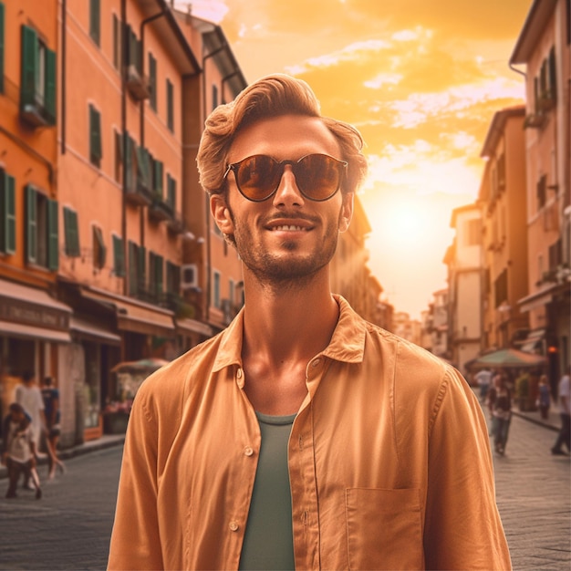 Foto un hombre con gafas de sol se encuentra en una calle con un edificio al fondo.