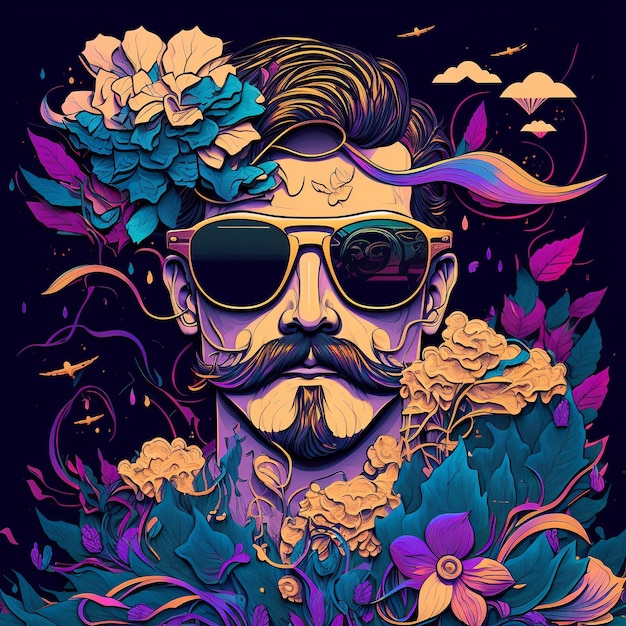 Un hombre con gafas de sol y una flor en el pelo está rodeado de flores.