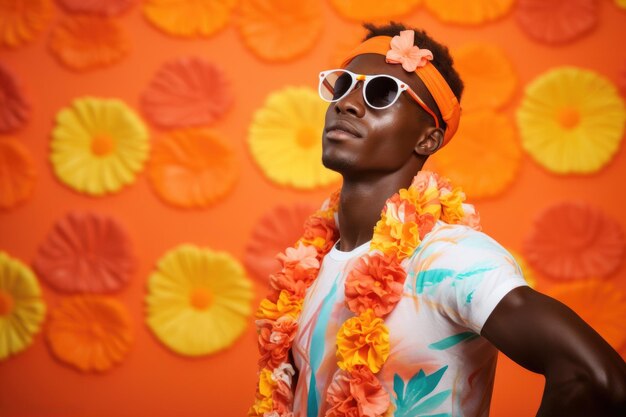 Hombre con gafas de sol y guirnalda de flores.