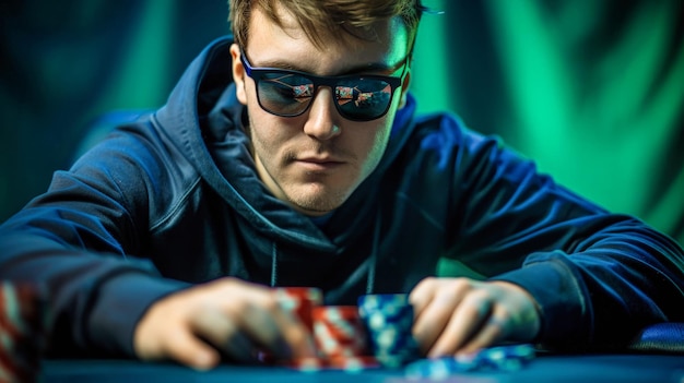 Hombre con gafas de sol jugando al póquer