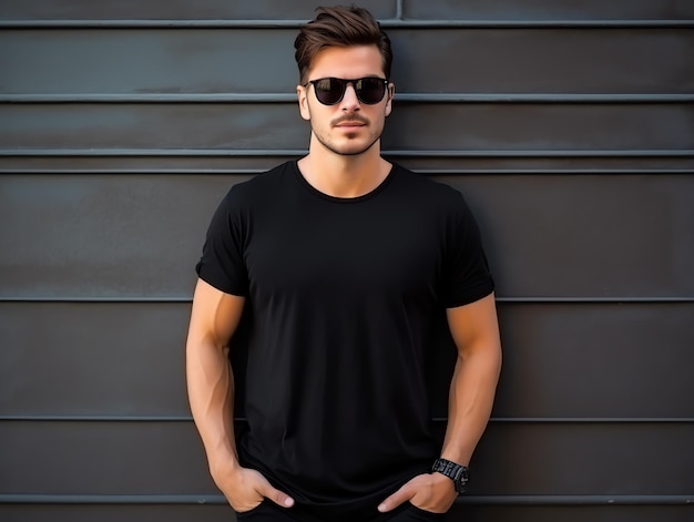 Un hombre con gafas de sol con una maqueta de camiseta negra vacía en blanco para una plantilla de diseño