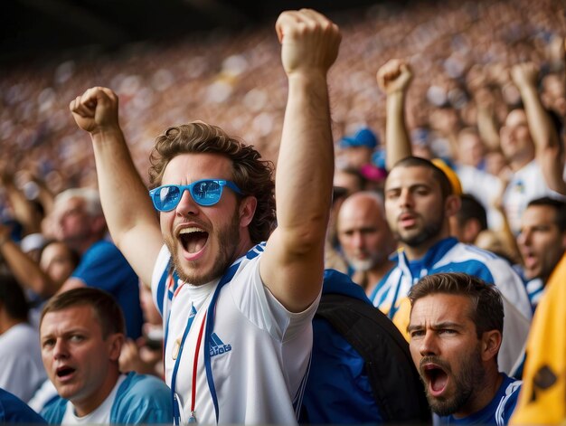 un hombre con gafas de sol y una mochila animando en un estadio con otras personas