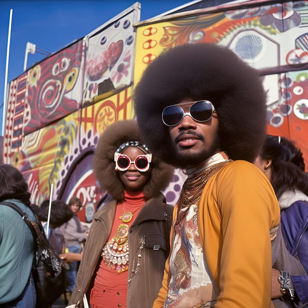 un hombre con gafas de sol y una mujer con una camisa amarilla con un gran afro en ella