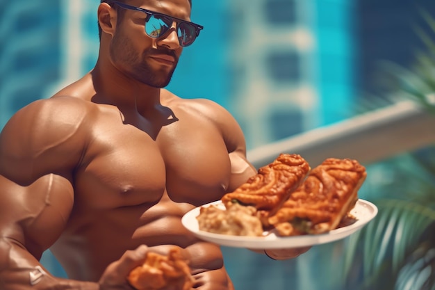 Un hombre con gafas de sol y un plato de comida frente a un edificio.