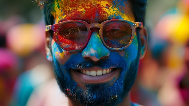 Hombre con gafas de sol rodeado de pinturas coloridas en el festival de Holi