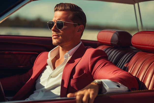 Foto un hombre con gafas de sol se sienta en un convertible de lujo