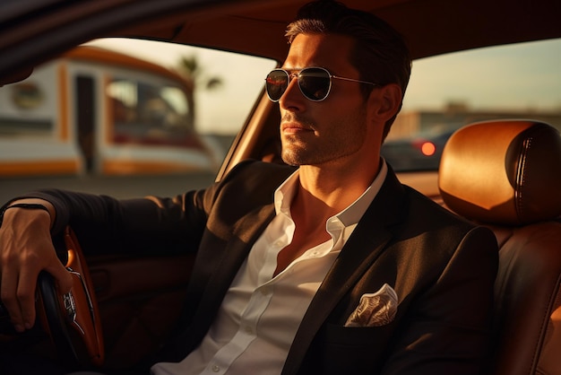 un hombre con gafas de sol se sienta en un convertible de lujo