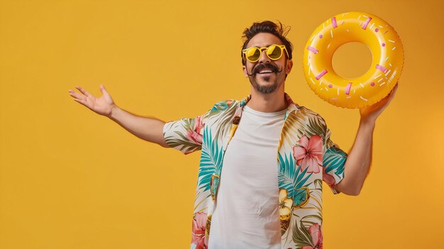 Hombre con gafas de sol sosteniendo un anillo de rosquilla