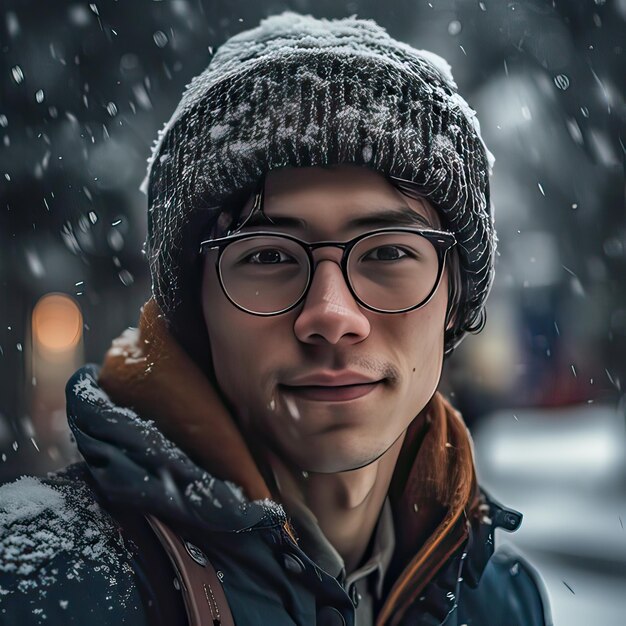 Un hombre con gafas y sombrero se para en la nieve.