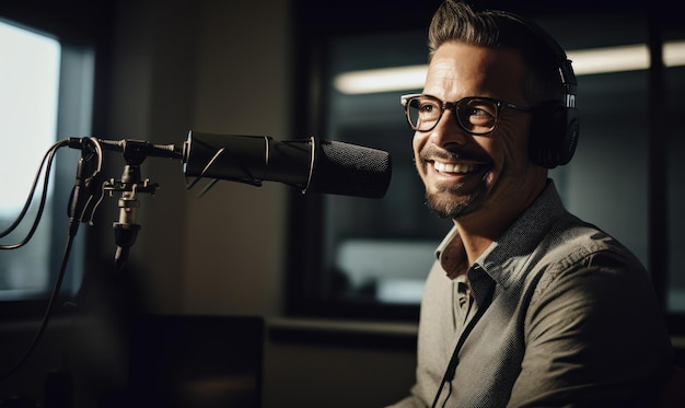 Foto un hombre con gafas sonríe a la cámara mientras habla por un micrófono.