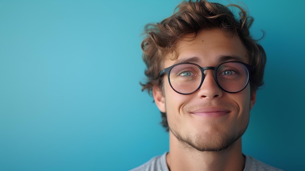 Un hombre con gafas sonriendo a la cámara con un fondo azul detrás de él y una pared azul detrás