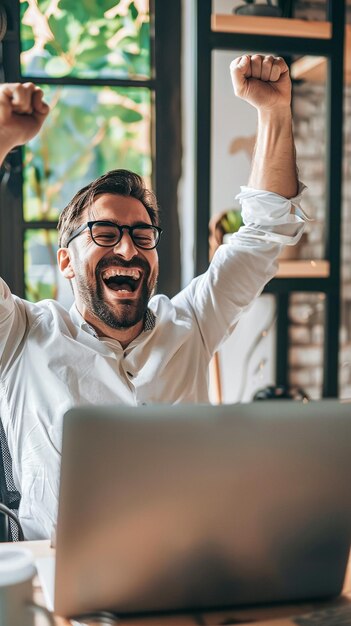 Foto un hombre con gafas está sonriendo y una computadora portátil delante de él