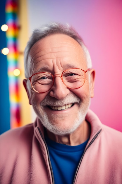 Hombre con gafas sonriendo para la foto frente a un fondo de colores brillantes IA generativa