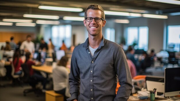 un hombre con gafas y sonriendo