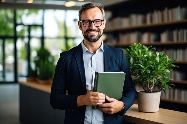 Hombre con gafas sosteniendo un libro en la biblioteca