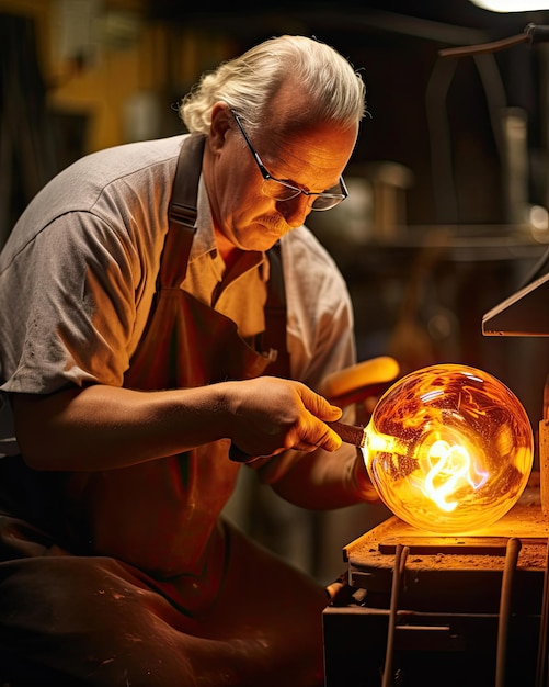 un hombre con gafas trabajando en una bola de cobre.