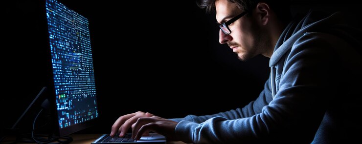 Foto un hombre con gafas trabajando en una computadora portátil con un fondo negro