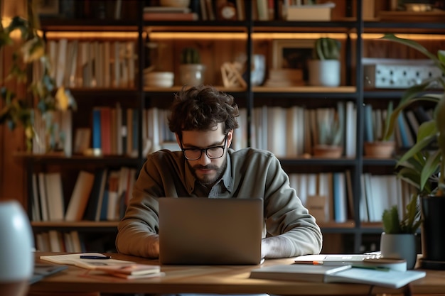 Hombre con gafas trabajando en el espacio de trabajo