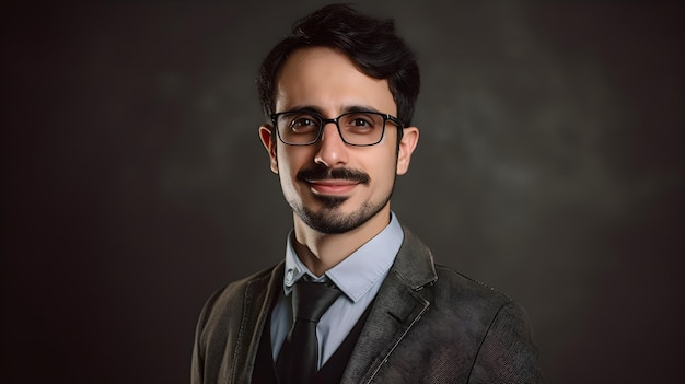 Un hombre con gafas y traje y corbata se para frente a un fondo oscuro.