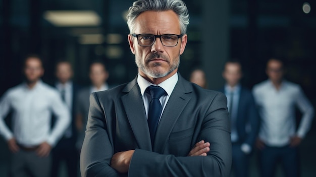 un hombre con gafas y traje se para frente a un grupo de personas.