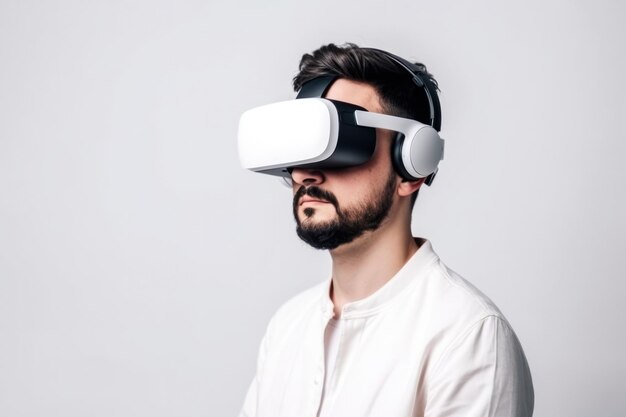 Hombre con gafas virtuales en un fondo sencillo creado con tecnología de IA generativa