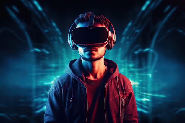 Hombre con gafas VR conexión a Internet mundial virtual y futuro metaverso