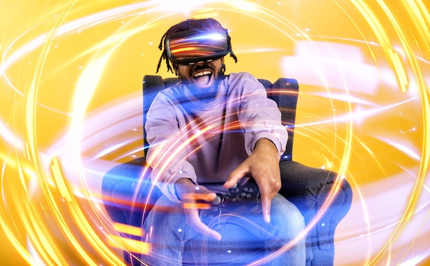 Foto hombre con gafas vr juega con un videojuego virtual