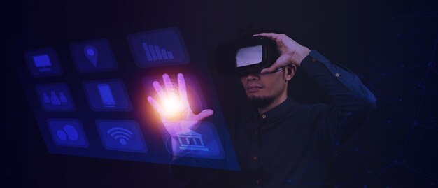 Foto hombre con gafas vr virtuales en el mundo virtual del metaverso. concepto de tecnología metaverso innovación del futuro