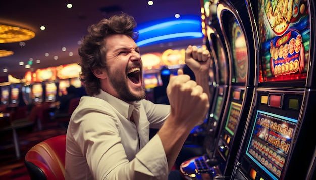 Foto hombre gana jugando en una máquina tragamonedas en el casino