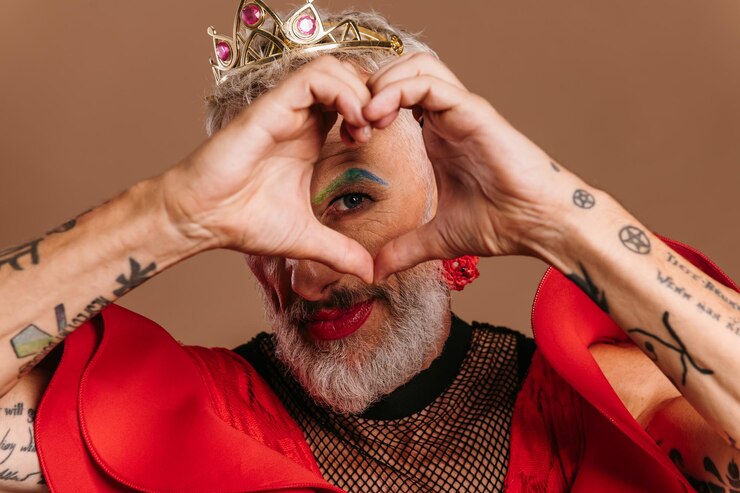 Hombre gay maduro con corona en la cabeza haciendo gestos en forma de corazón contra un fondo marrón