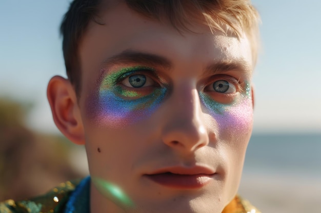 Hombre gay con sombras y fondo de océano de primer plano de brillo