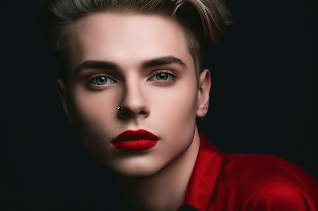 Hombre gay transgénero con labios de lápiz labial rojo Rostro masculino con maquillaje IA generativa