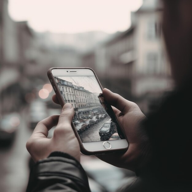 Foto un hombre generado sostiene el teléfono contra el fondo gris de la ciudad