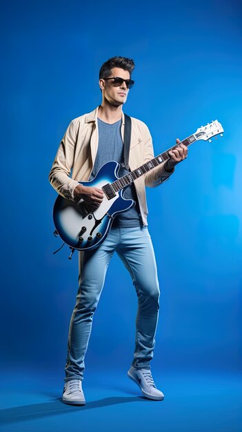 Hombre genial de pie con una guitarra en el estudio ai generativo