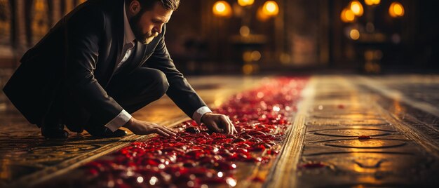 Hombre de gesto elegante preparando la alfombra roja para una figura famosa