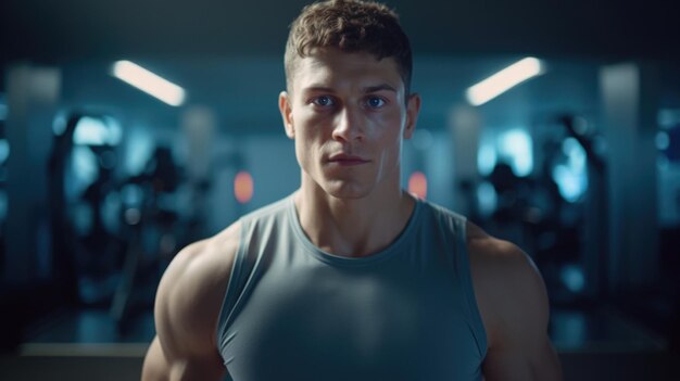 Un hombre en un gimnasio con una camiseta está de pie frente a un fondo borroso.