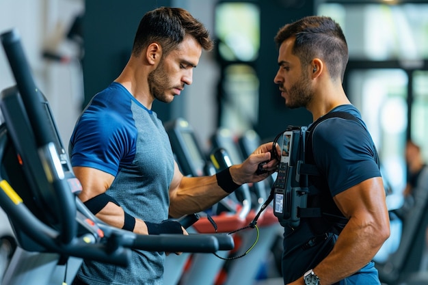 Un hombre en el gimnasio con una composición corporal portátil generativa ai