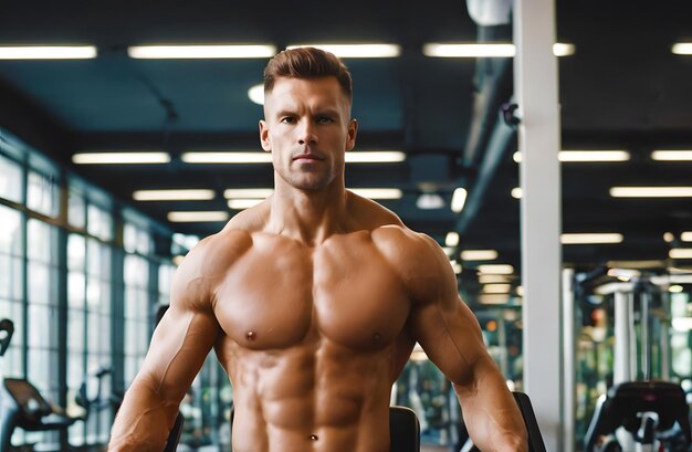 Foto hombre en el gimnasio usando máquinas para hacer ejercicio