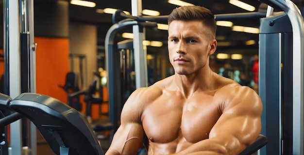 Foto hombre en el gimnasio usando máquinas para hacer ejercicio